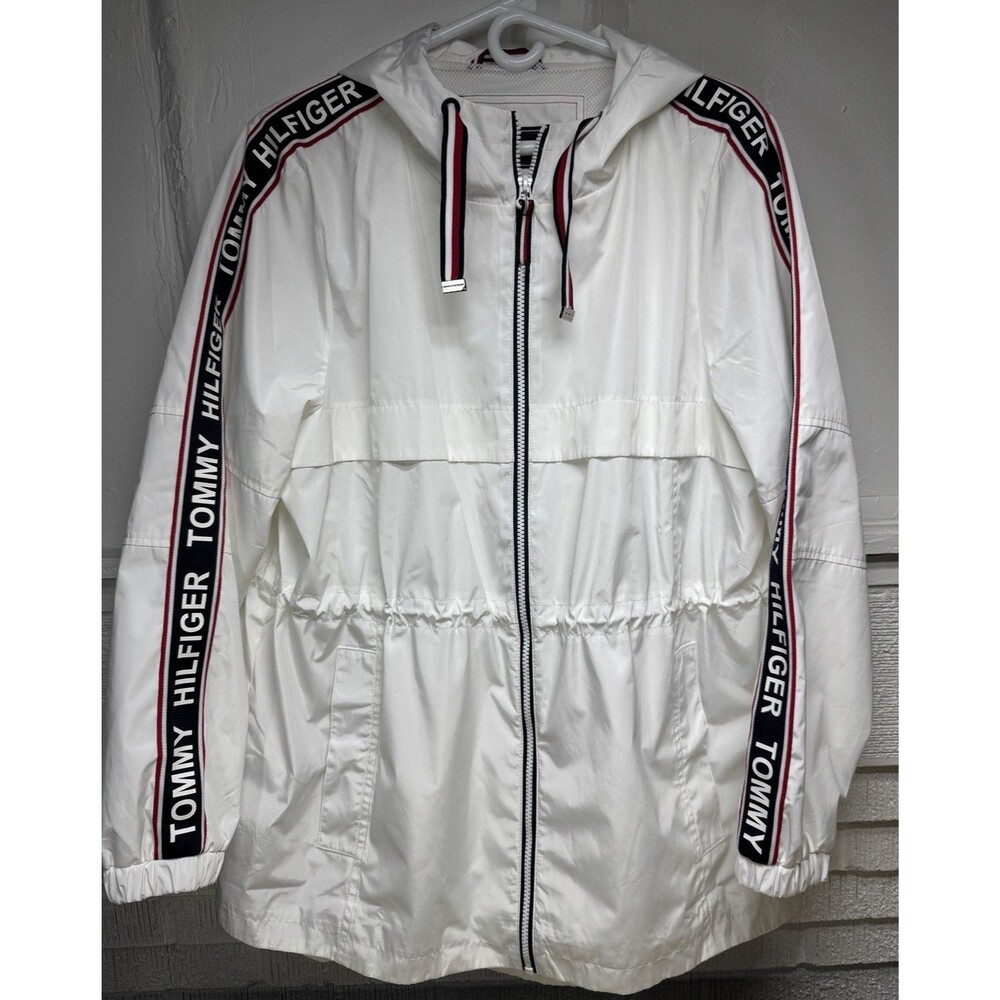 TOMMY HILFIGER Women's White Hooded Rain Windbreaker Zip Up Jacket Size Large
